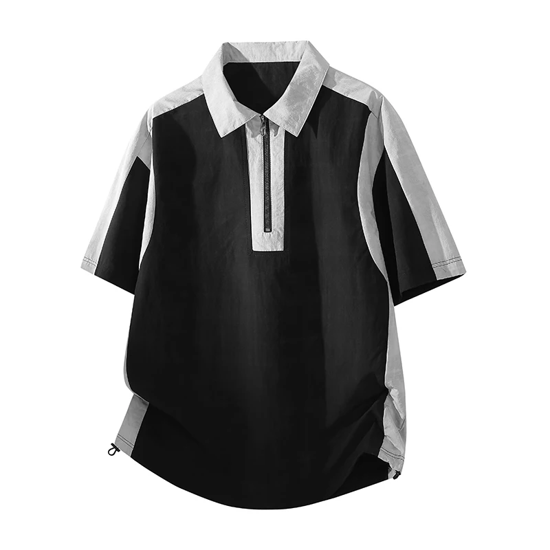 Men's color-blocked half-zip short-sleeved shirt, 100% polyester casual summer top.