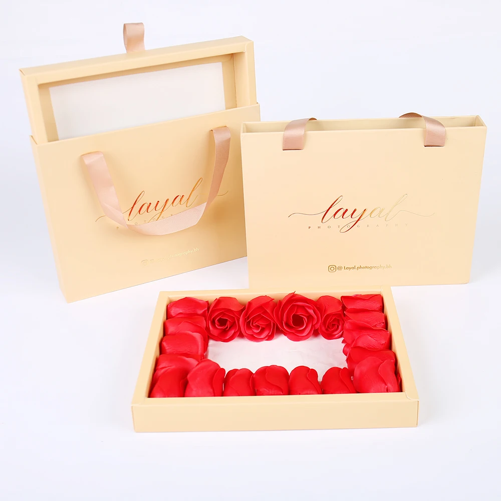 Custom Valentine's Day Gift Box Specialty Paper Jewelry Packaging Drawer Box with Ribbon Handle Rose Soap Rigid Box for Necklace