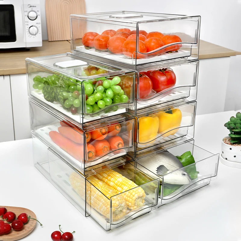 Fridge Drawer Reusable Food Storage Container Stackable Refrigerator Organizer Bins with Drain Board Air Hole