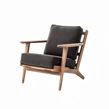 Leather lounge chair with retro armrests in living room, outdoor bedroom, hotel lounge chair, solid wood footstool