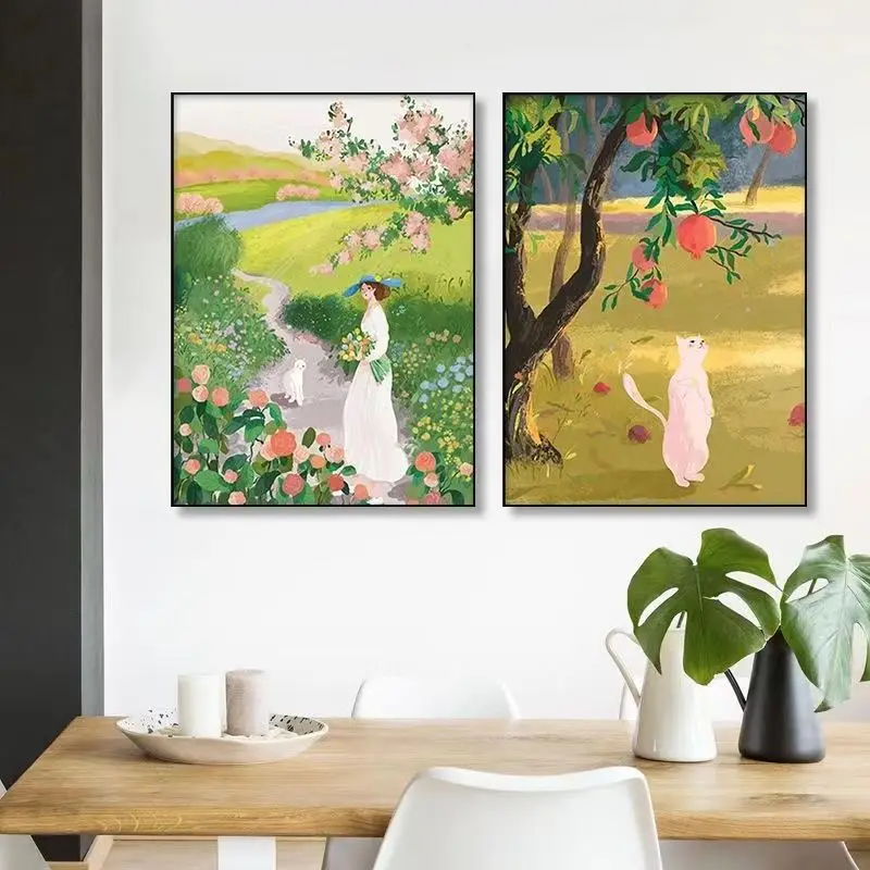 Whimsical Farmhouse Wall Art Canvas Print Orange Orchard Vibrant Green Orange Neutral Tones Living Room Bedroom Home Decor