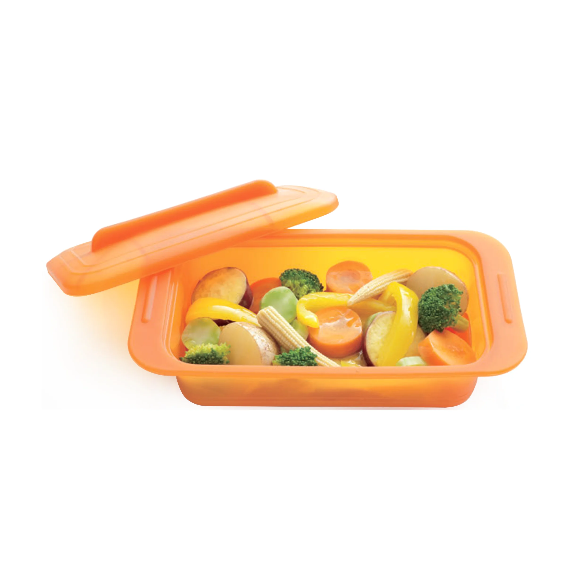 Silicone Steaming Cooking Box with Integrated Drain Tray and Lid for Healthy Steamers