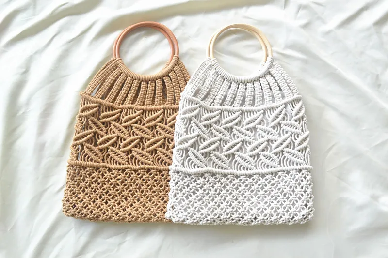 Cotton Fabric Crochet Woven Tote Bag with Wood Handles - China