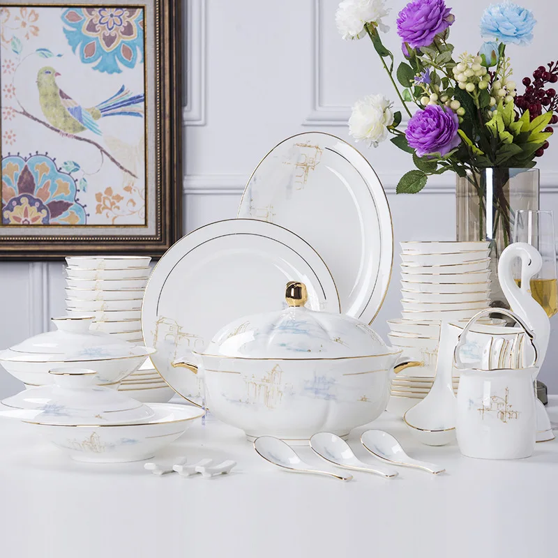High-End Gold Applique Bone China Porcelain Dinnerware Sets Exquisite ...