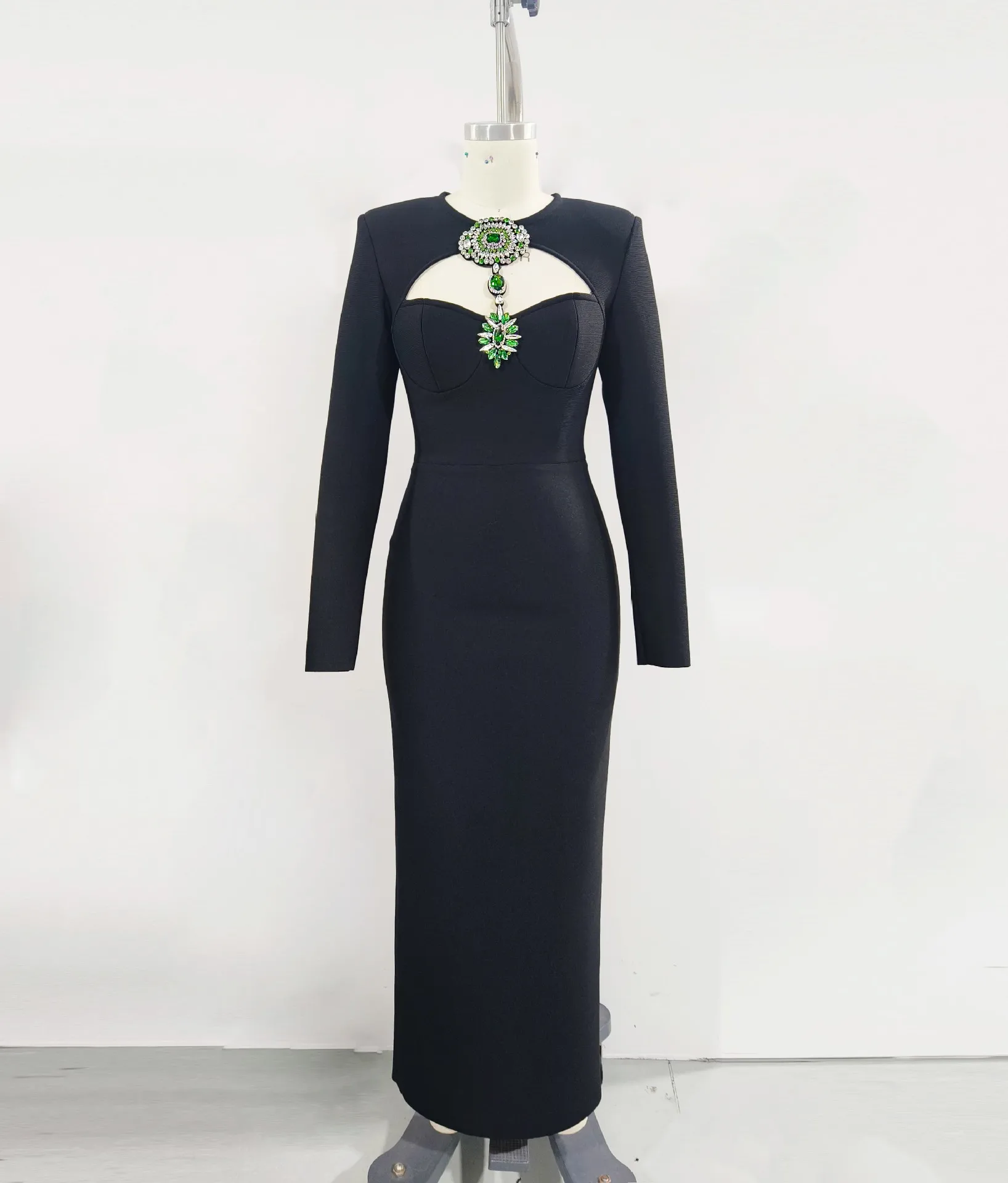 High Quality 2025 Fashion Best Selling Long Sleeve Black Bandage Dress  Tight Green Diamond Long Evening Gown