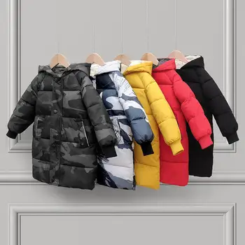 enfants children warm clothes boys mid-length puffer down jacket solid girls thicken hooded padded kids winter coat