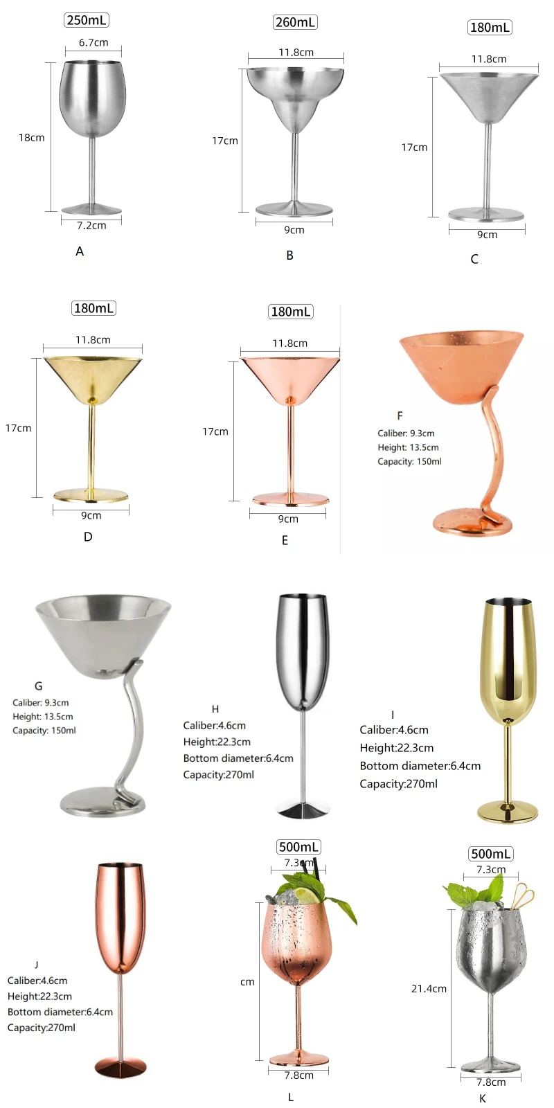 Wholesale Stainless Steel Goblet Mug Cocktail Glasses Metal Martini