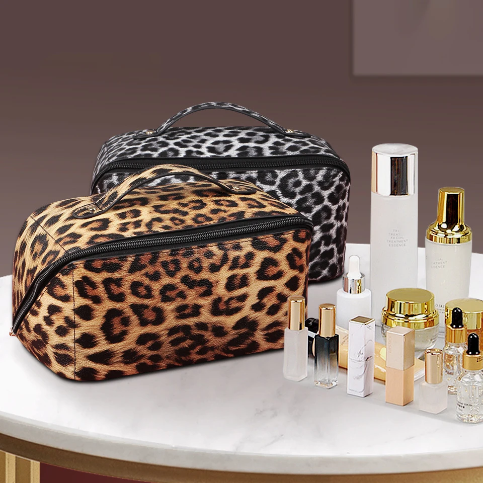 Pu Leather Leopard Printing Waterproof Soft Pu Toiletry Travel Bag Big
