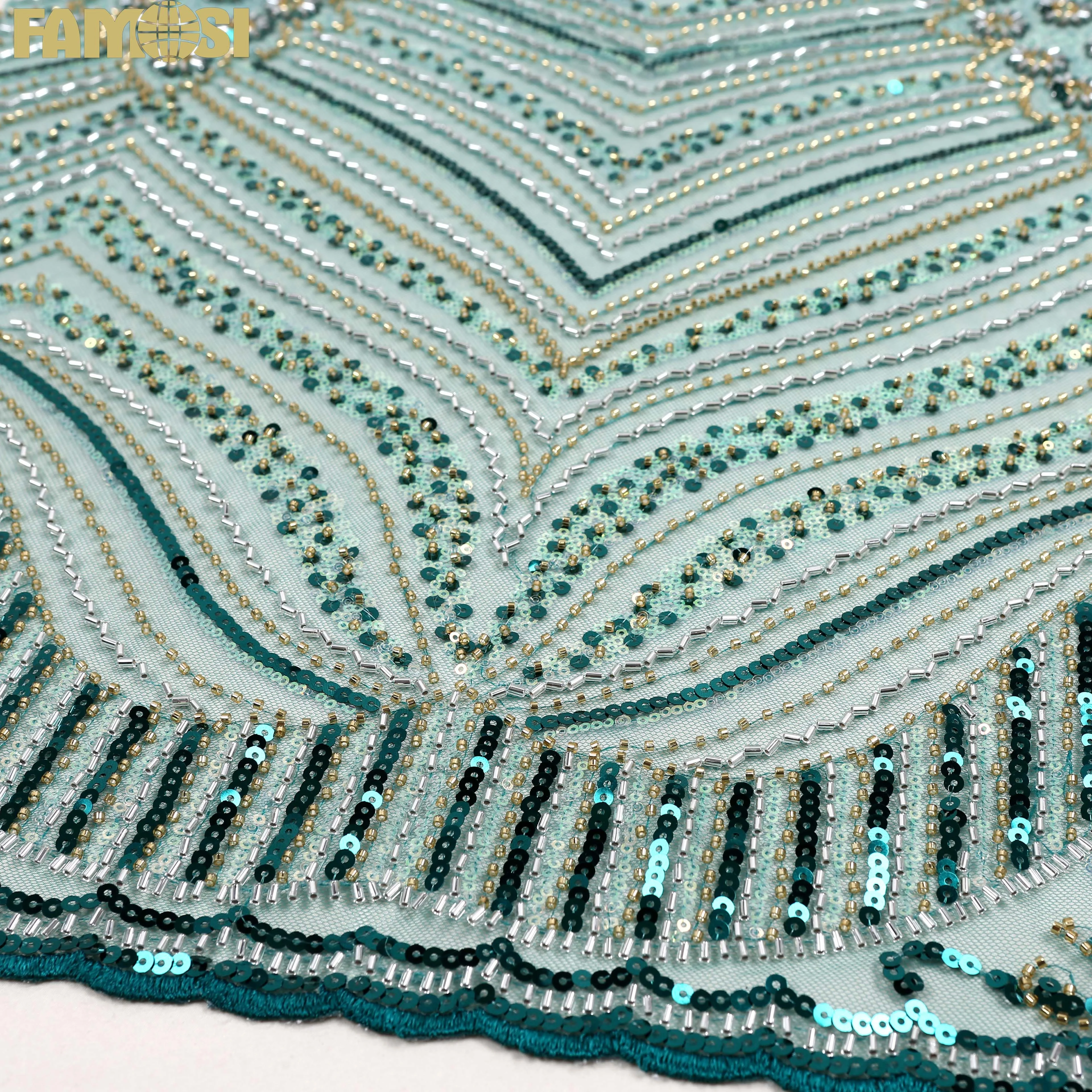 Factory Price Multi Color Heavy Beaded Embroidery Tulle Lace Fabric with Shiny Sequins Wedding Dress for Women