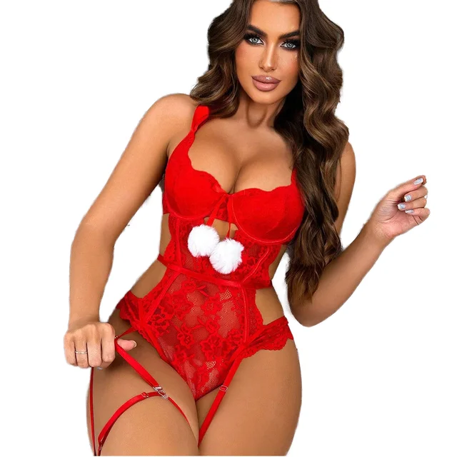 Hot Selling 3pcs Women's Christmas Sexy Lace Embroidery Halterneck Lingerie Set Wholesale Supply Women's Sexy Clothing Underwear