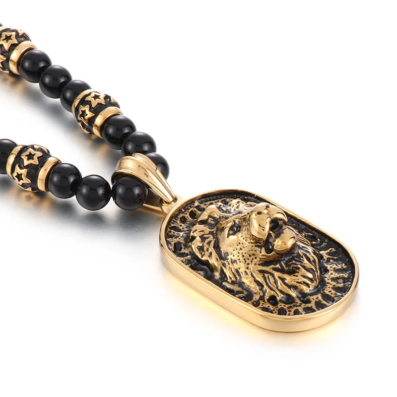 Kalen Domineering Stainless Steel Lion Pendant Men Jewelry 18K Pvd Gold Plated Black Bead Chain Long Necklace Jewelry Necklaces