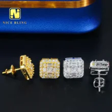 Ready Stock Baguette Cut VVS moissanite stud earrings screw back earrings Hip Hop Jewelry Wholesale 925 Sterling Silver