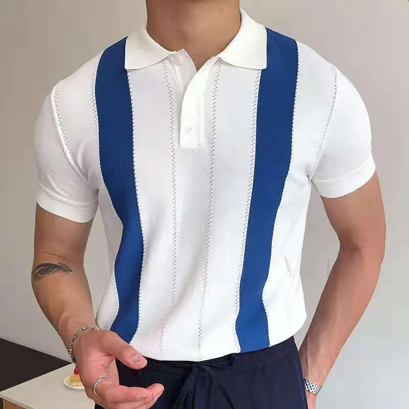Men Pattern Stripe Print Patchwork Knitting Casual Soft Summer Fashion Men Short Sleeve Slim GOLF Polo Shirt