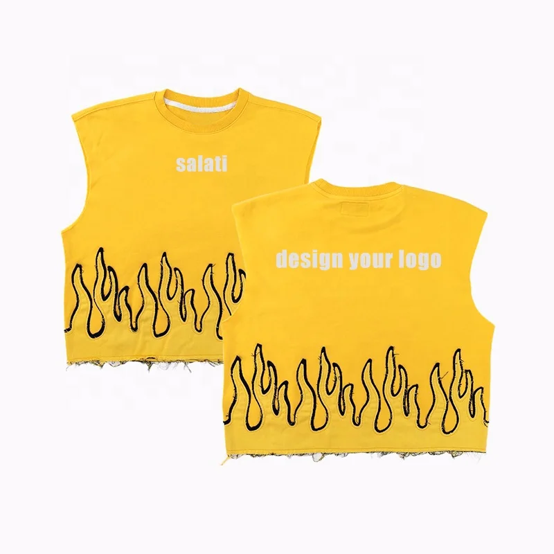 Men's Shirts Custom 3D Reflective Print Flame Graphic Raw Hem French Terry Cut and Sew Cotton Sleeveless Cropped Tshirts T-shirt gallery 4