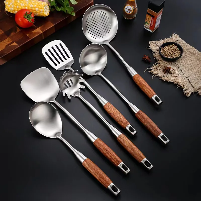 Cooking Utensil Set 304 Stainless Steel Kitchen Utensils With Wood Handle 6 Pieces Kitchen Stainless Steel Cookware Set Utensils