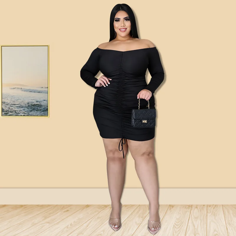 New Style Plus Size Women's Clothing Fashion Long Sleeved One Neck  Drawstring Temperament Casual Dresses Plus Size Women Dress