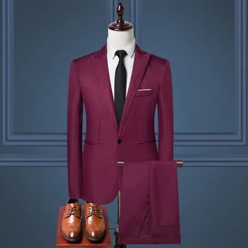 Wholesale Blazer Casual Business Suit Two-piece Korean Suit Slim Red Color Men's Suit Customizable