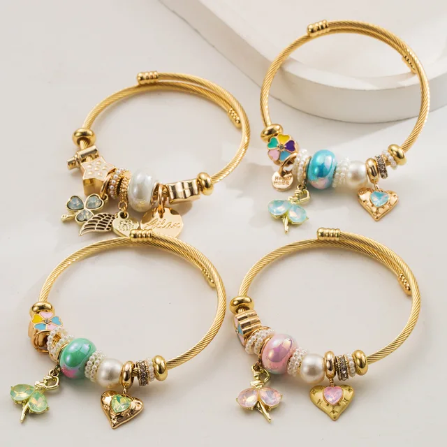 High Quality Gold Plated Stainless Steel Crystal Ballet Girl Pendant Large Hole Beads Heart Charm Bangle Bracelet for Women