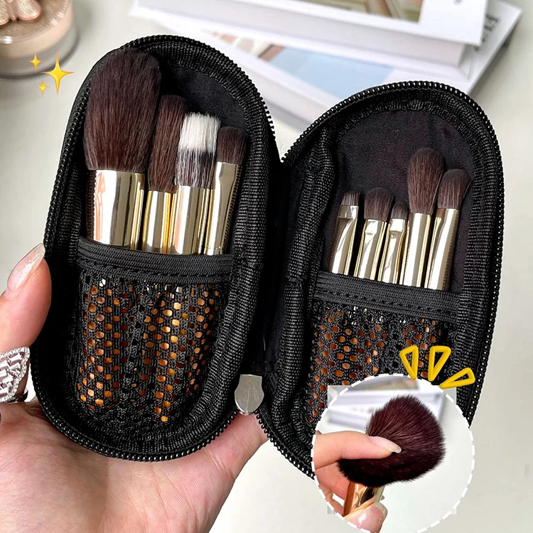 Private Label 9pcs Portable Mini Cosmetic Wooden Handle Makeup Brush Set with Pu Bag