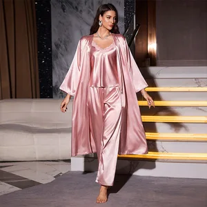 Three-Piece Satin Robe Nightgown Simple Casual Sexy Strap Shorts Elastic Waist Solid Pattern Knee Length Summer Fashion