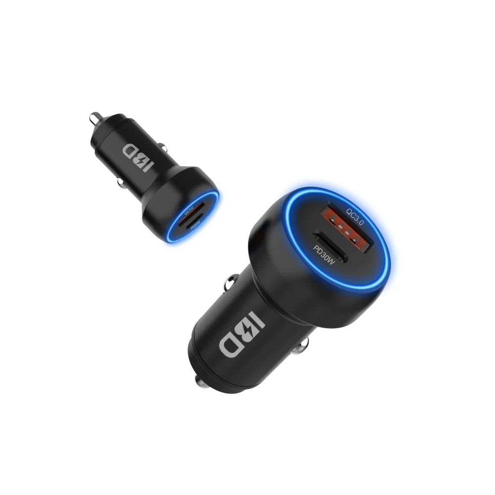 Высококачественное универсальное автомобильное зарядное устройство IBD с 2 USB-портами на 48 Вт QC3.0 18 Вт PD 30 Вт, зарядное устройство для мобильного телефона с индивидуальным логотипом, металлический дизайн