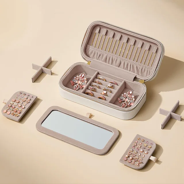 Double Zipper Metal Jewelry Case Soft Leather Jewelry Storage Case With Mirror Wholesale of Mminimalist Jewelry Case
