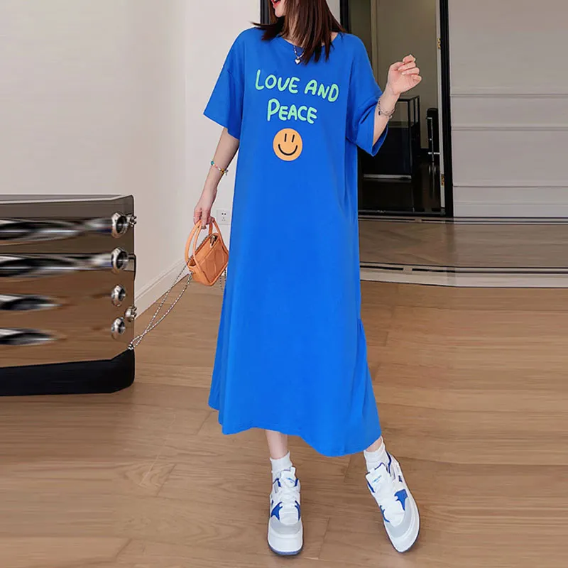 2022 Summer Korean Fashion Long Dress Womens Loose Long Tee Shirt Casual  Cotton Oversized Letter Print Maxi t Shirt Dresses