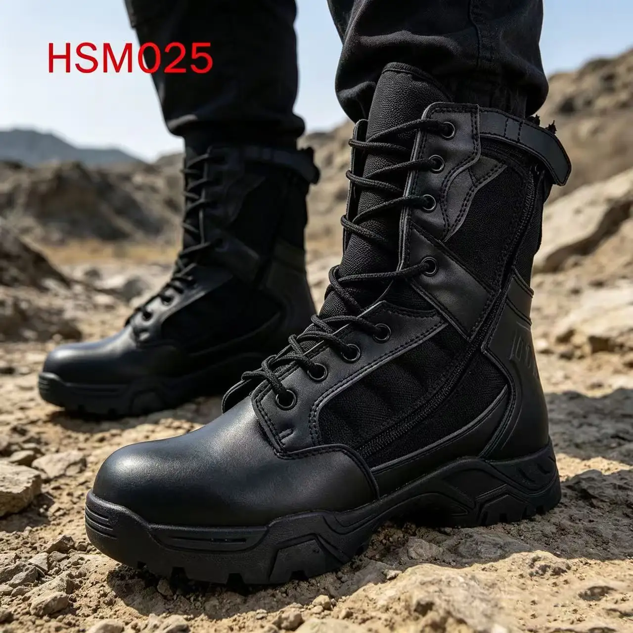 ZYF,Operational Level Curved Zipper Design Black/sand Color Combat Boots Scuff Resistant Rubber Sole Tactical Boots HSM025