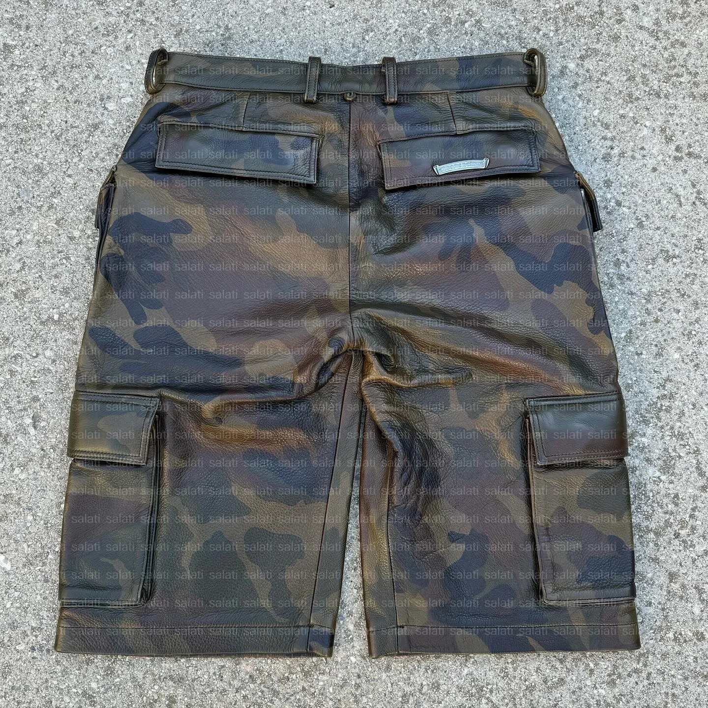 Custom Wholesale Streetwear Summer Oversized Heavyweight Baggy Printed Distressed Pu Leather Camouflage Camo Cargo Short for Men gallery 2