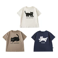 Hot Sale Cartoon Cat Printing T-shirt Breathable Short Sleeves Baby Boys High Quality Wholesale Pure Cotton Soft Kids Clothing