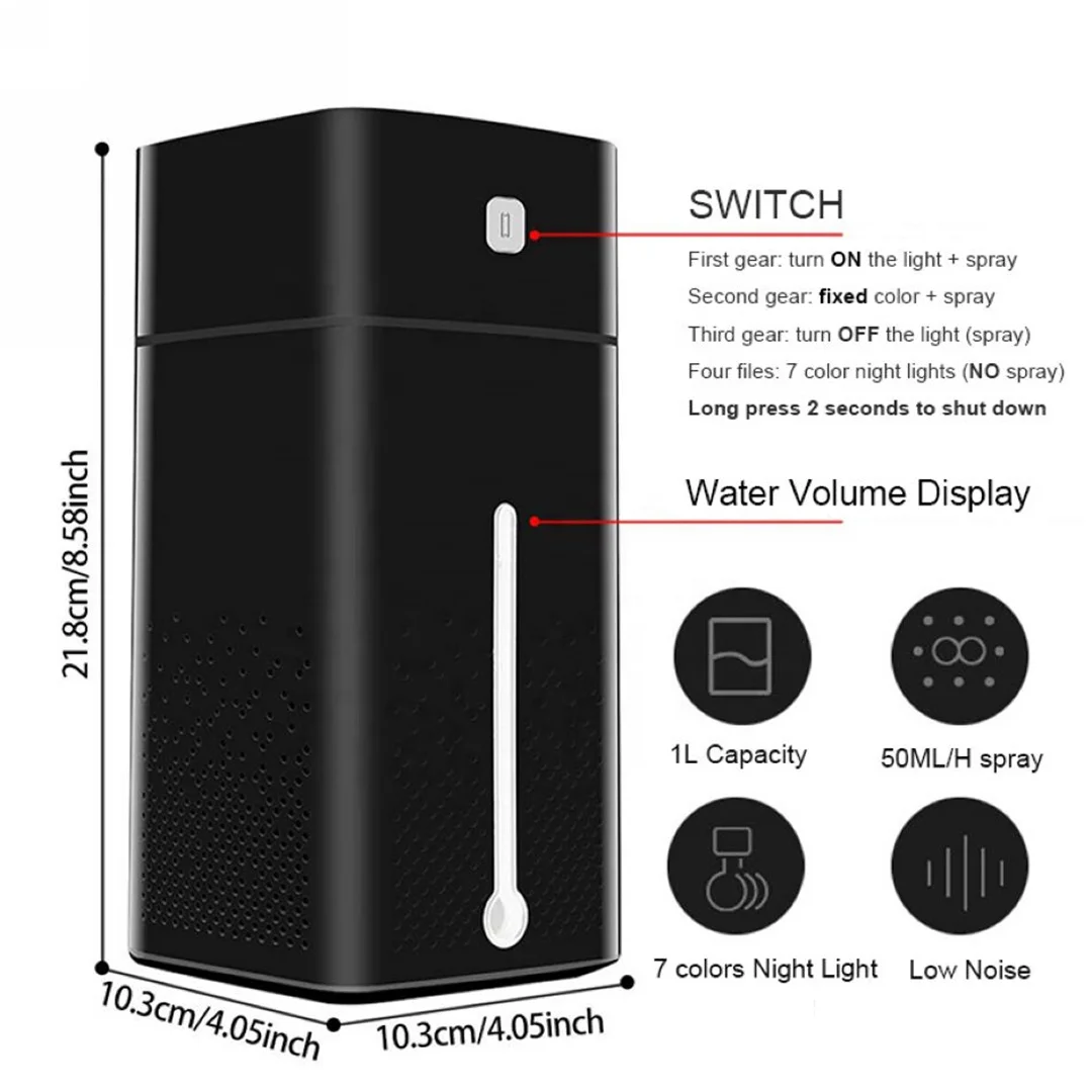 1L Humidifier Big Capacity Colorful Night Lights USB Office Purifier Electric Negative Ion Filter Mist Sprayer Aroma Diffuser