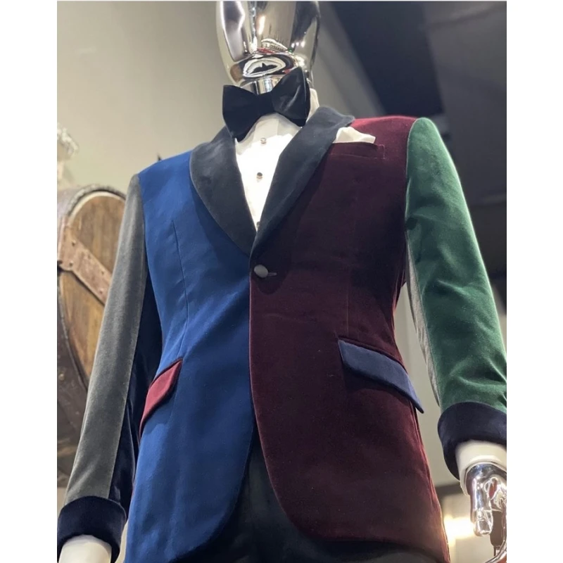 New Design Velvet Stitching Colorful Smoking Jackets Shawl Lapel Formal Tuxedos Vintage Party Prom Suit Blazer Only Coat 1Piece