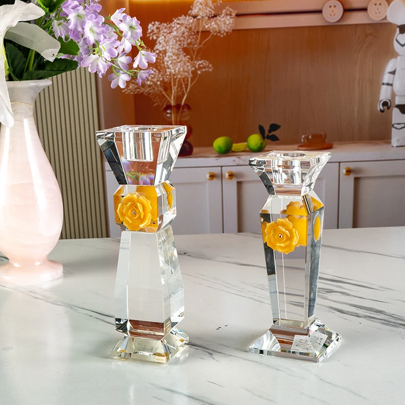 Bougeoir en verre Small Bridge avec fleurs jaunes simples et exquises, décoration de mobilier pour vacances, bougeoir en cristal