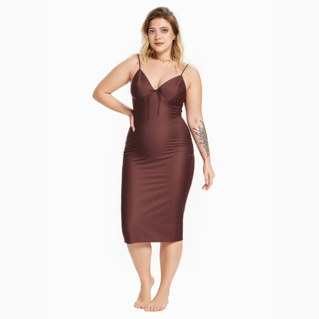 Brown Satin Tie Strap Maxi Dress Backless Spaghetti Strap V Neck Bodycon  Dress High Quality Party Summer Dress for Women