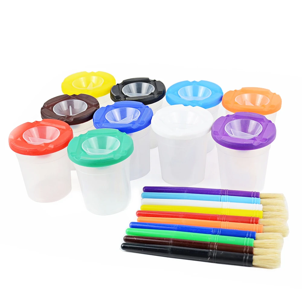 Plastic Non Spill Water Cup Paint Pot & Stopper Lid for Kids Art