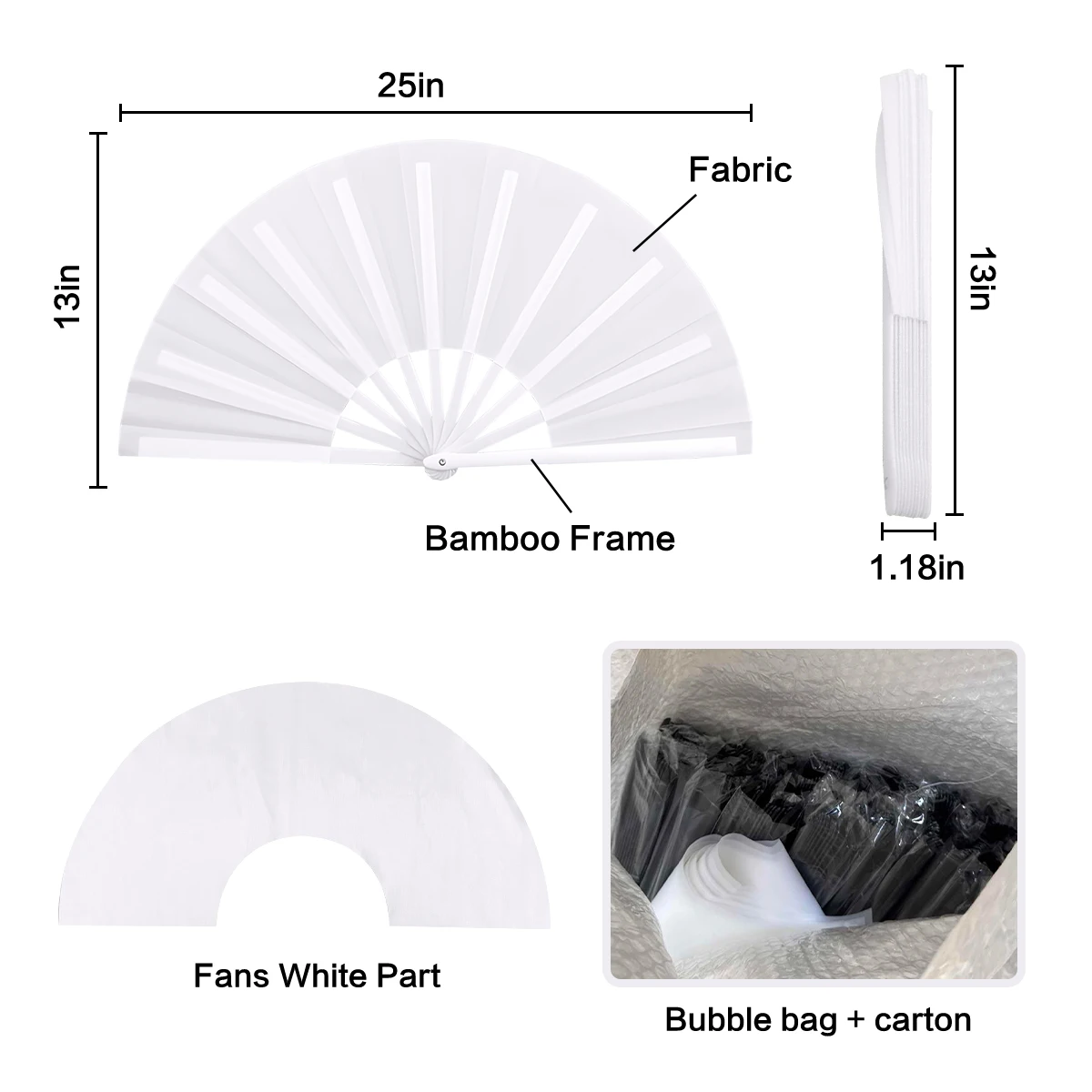 Line Dance KungFu Folding Clacking Hand Fan Loud Voice Sublimation Blank Large White Fan Black Plastic Handle 33cm Polyester Fan