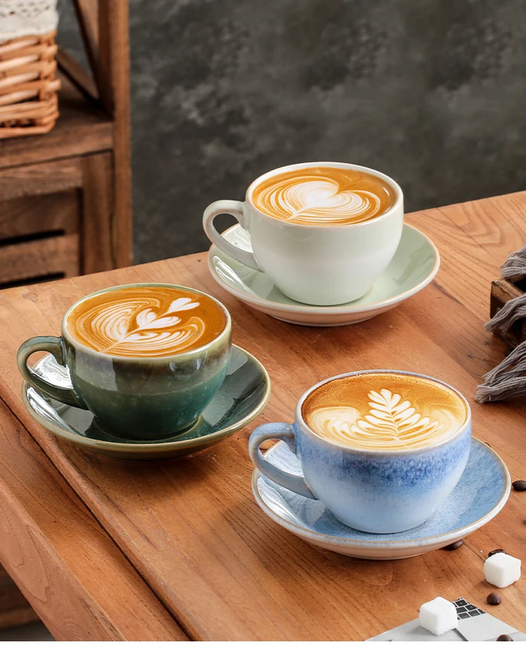 Color Glazed Cappuccino Cups with Saucers - Porcelain Set
