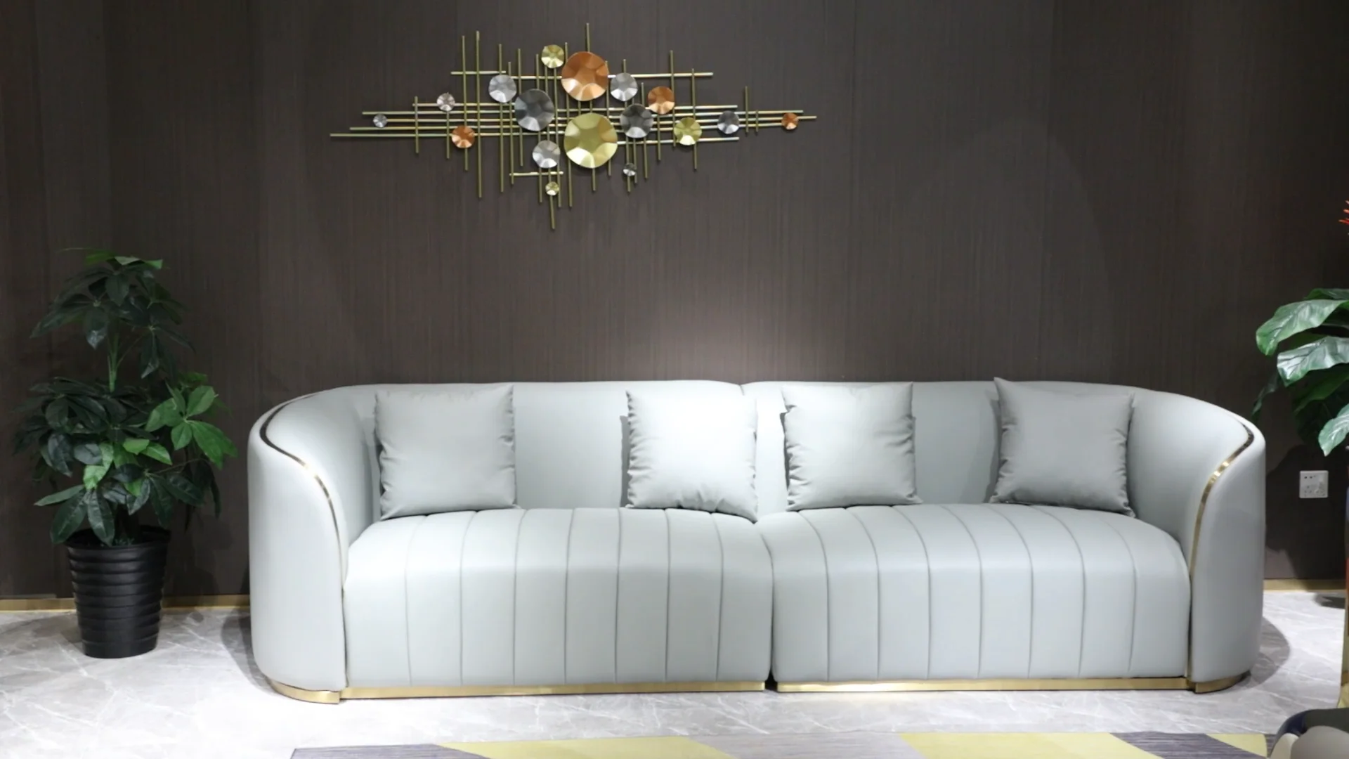 Top Grain Grey Leather Feather Steel Frame Modular Sofa Salon Leisure