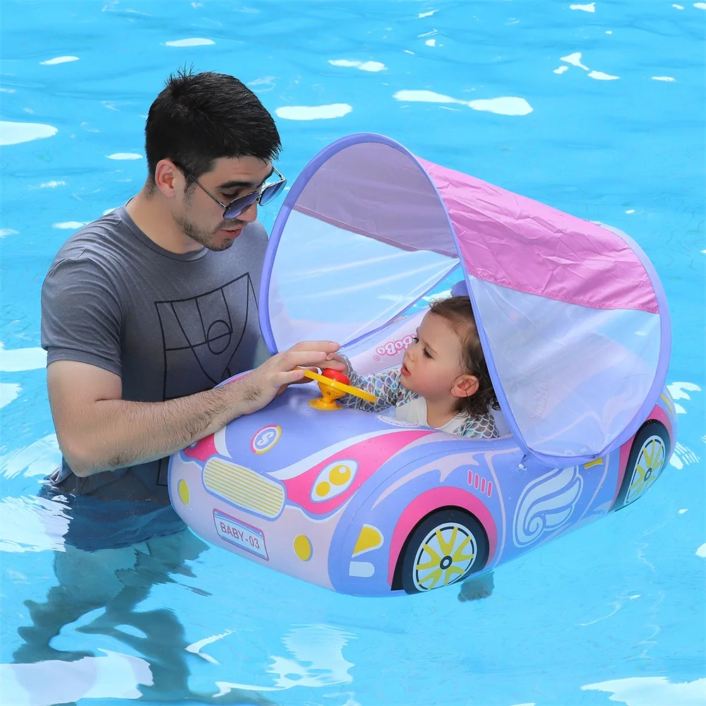 Swimbobo Kids Inflatable Car Swimming Seat Boat Floating Toddler Water Toy Steering Children Swim Pool Float Ring With Canopy