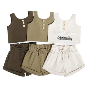 Unique Design Wholesale Children's Gym Wear Summer Outfit Sleeveless Kids Summer Clothe Set With Button Design