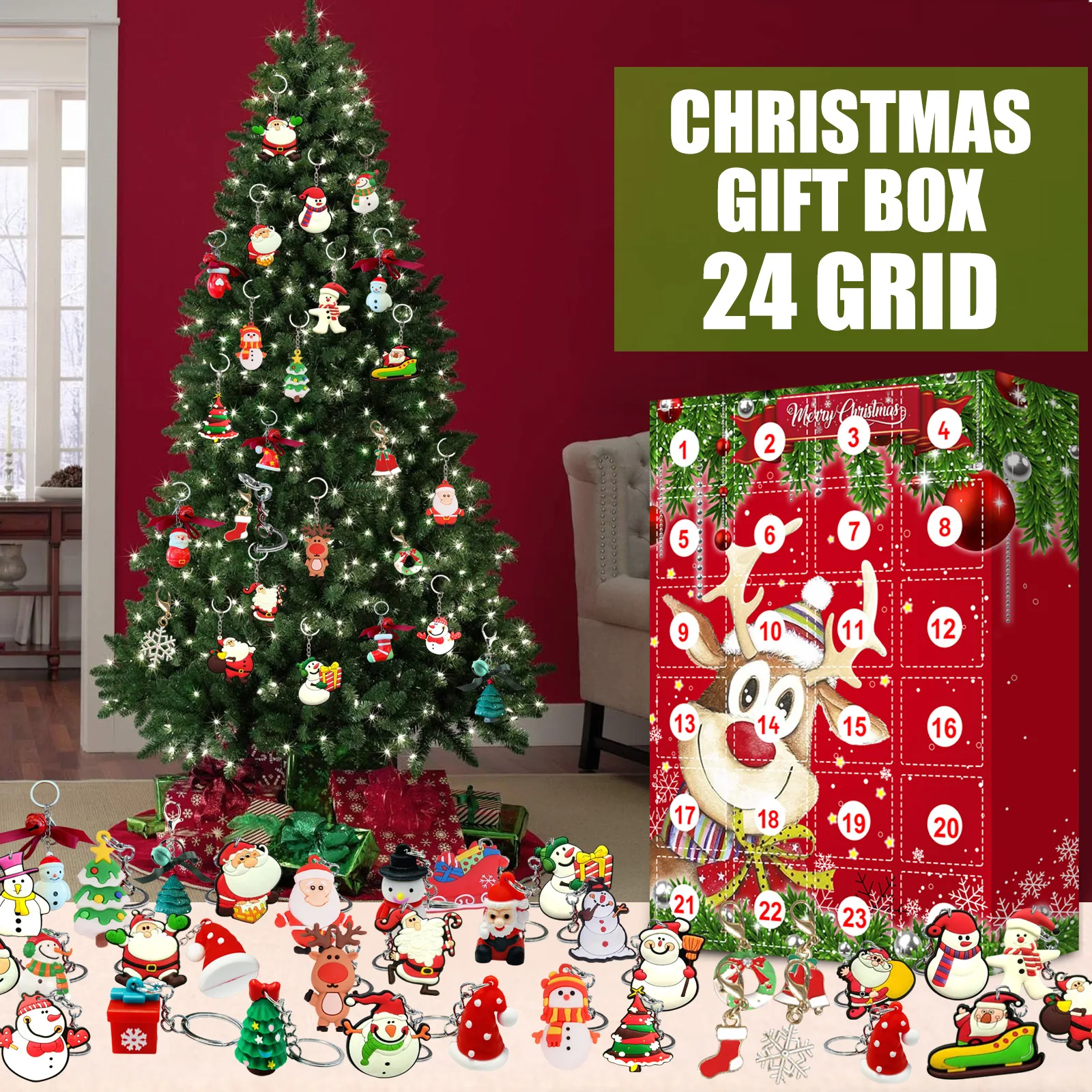 New Design Christmas Gift Blind Box Decorations Supplies Calendar 24PCS Different Key Chains Surprised Box For Kids