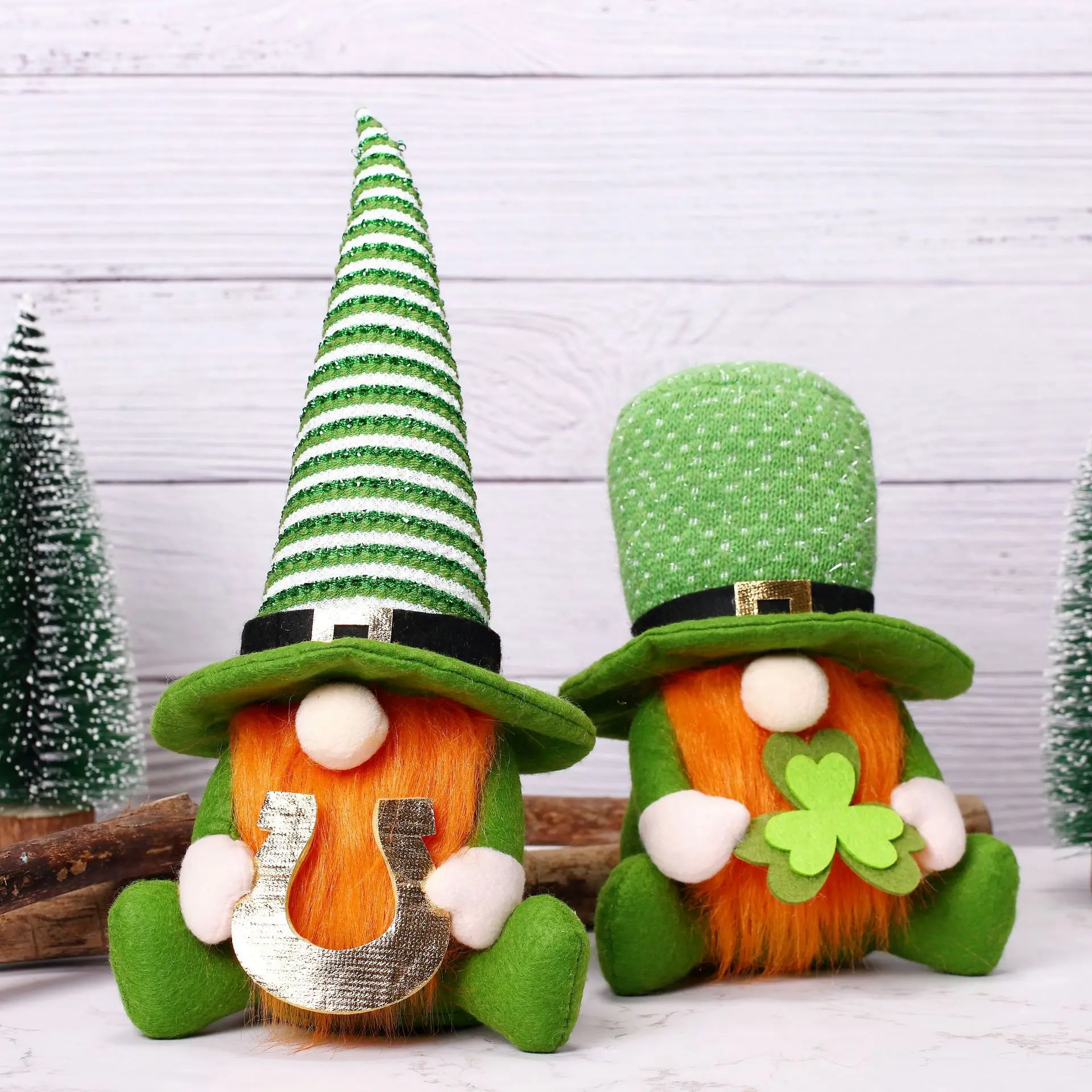 CustomPlushMaker: St. Patrick's Day Cotton Props - No Face Shamrock Knit Hat Couple Plush Toy Wholesale:sample