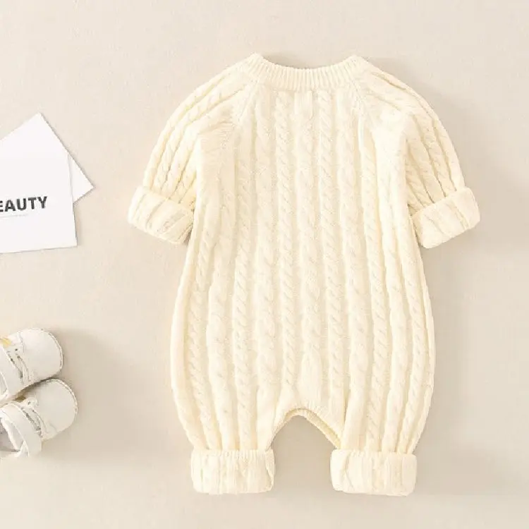 Unisex Baby Knitted Rompers Long Sleeve Button Crewneck Sweater