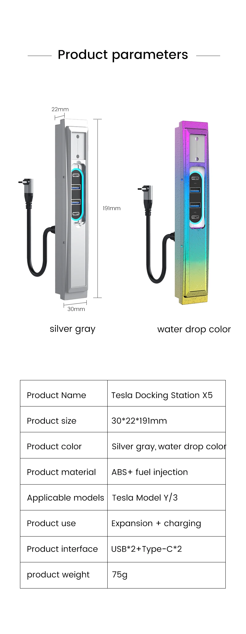2 USB Fast Charge with Cable Adapter for Tesla USB Hub Model 3/Y Docking Station for Tesla Interior Accessories