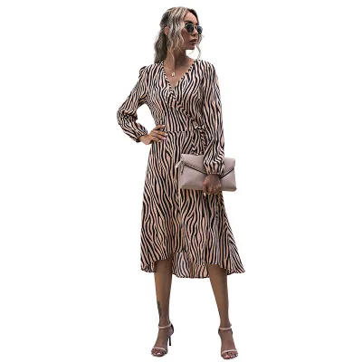 Women’s 2021 New Arrival V Collar Striped Print Slim Casual Dress For Women