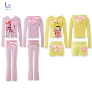 Huili Oem Stretch pink Zip up Hooded Ctop Top & Leggings Slim Fit Sports Activewear Custom Print Two Piece Women Loungewear Sets