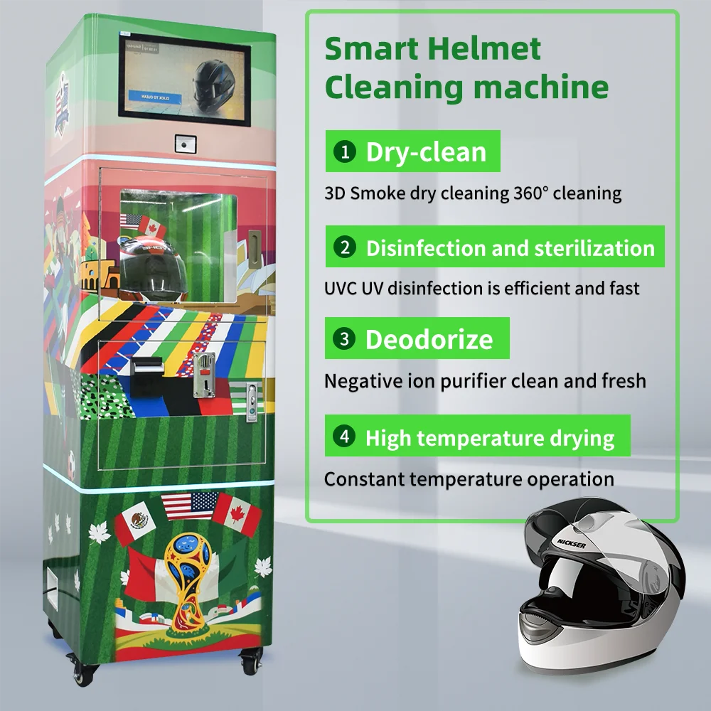 Patent Manufacturer Custom Automatic Commercial Motorcycle Bike Helmet Vendo Dry Cleaning Washing Machine with Wordcup Theme