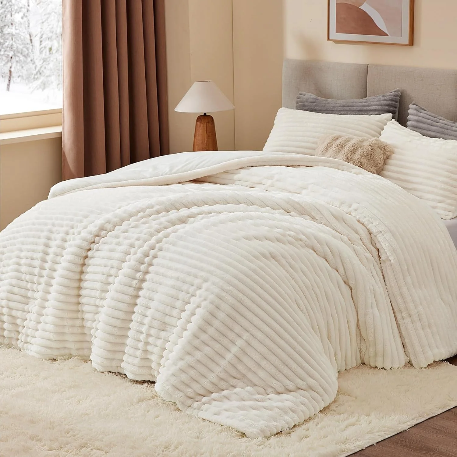 Super Soft Warm Fluffy Cream White Fleece Queen Comforter Bedding Set with 2 Pillowcases details