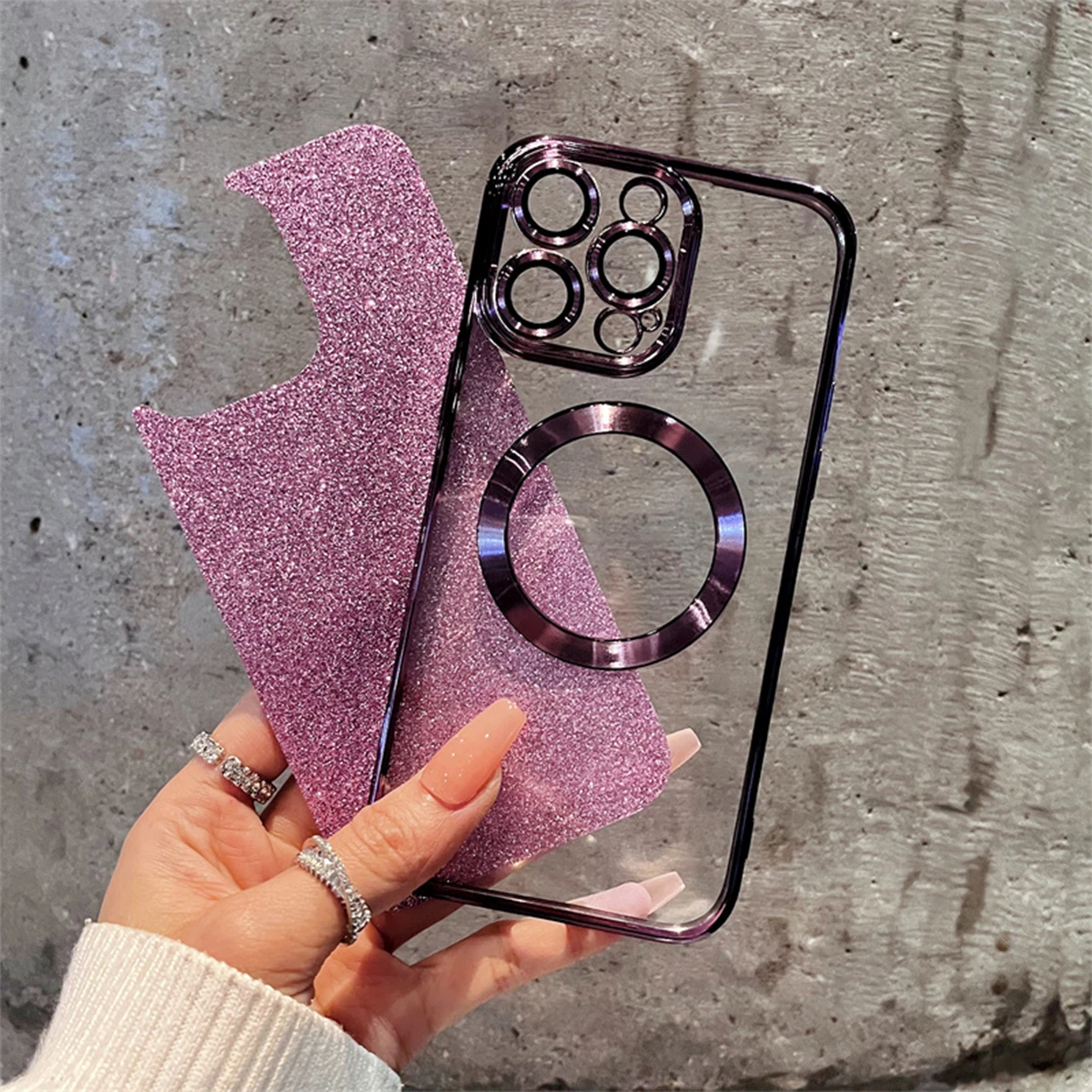 Fine-hole brushed magnetic space case lens protector for iPhone 14 Pro Max dark purple matching glitter color piece HWC15