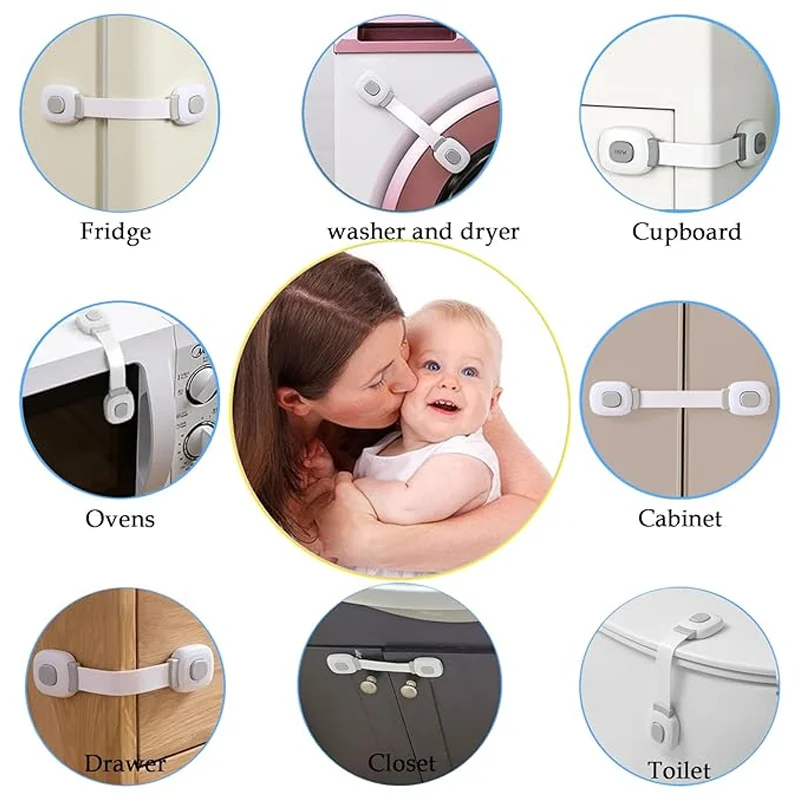Child Security Safety Strap Locks Easy Installation Flexible and Adjustable Baby Locks for Cabinets and Drawers Toilet Fridge